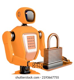 Waiter Robot Holding A Padlock Side View, 3d Illustration