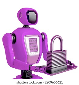 Waiter Robot Holding A Padlock Side View, 3d Illustration