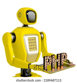 Waiter Robot Holding A Php Script Side View, 3d Illustration