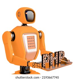 Waiter Robot Holding A Php Script Side View, 3d Illustration