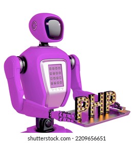 Waiter Robot Holding A Php Script Side View, 3d Illustration