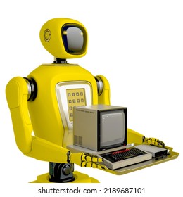 Waiter Robot Holding A Very Old Pc Side View, 3d Illustration