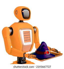 Waiter Robot Holding A Witch Hat Side View, 3d Illustration