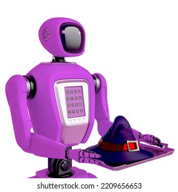 Waiter Robot Holding A Witch Hat Side View, 3d Illustration