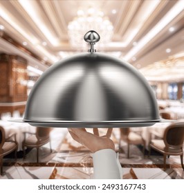 A waiter's hand lifting a cloche to reveal gourmet meal on a fine dining restaurant table. Impeccable service in a restaurant setting. Gourmet cuisine, luxurious dining upscale dining experiences. 3D - Powered by Shutterstock