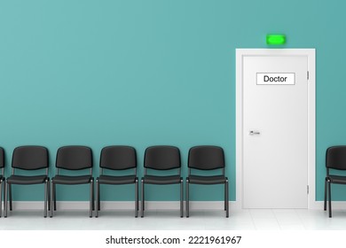 Waiting Room In The Doctor's Office. Calm Hospital Interior Design. Empty Chairs Line Up. The Free Entry Indicator Is Lit. 3d Rendering.