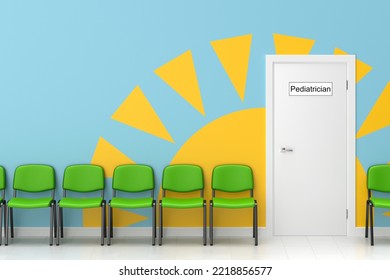 Waiting Room For The Pediatrician's Office. Bright Children's Interior Design. Empty Chairs Line Up. 3d Rendering.