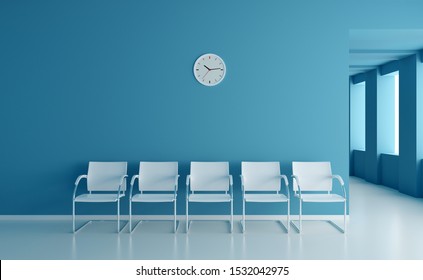 Waiting room space on blue corridor with large windows in clinic - 3D render