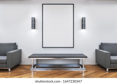 Waiting Room With Two Chairs, Table And Blank Poster On Wall. Workplace And Lifestyle Concept. 3D Rendering