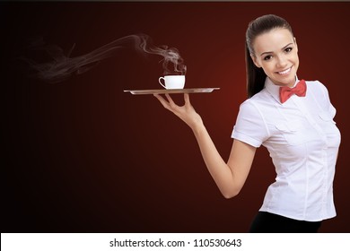 Waitress with a tray with cup of coffee on it - Powered by Shutterstock