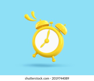 Wake Up Time. Yellow Alarm Clock Isolated On Blue Background. 3D Rendering