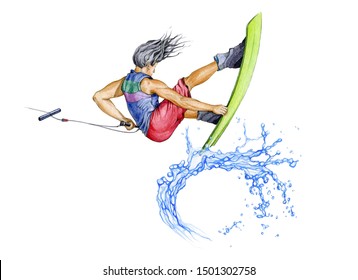 Wakeboard sportsman jumping on the blue wave watercolor illustration. Hand drawn athletic active man holding the rope after the wake boarding boat. Isolated on white background.