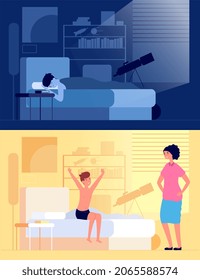 Waking Up Child. Kid Sitting On Bed In Bedroom, Mom And Son At Early Morning. Sleeping And Awake Happy Boy, Night Rest Illustration