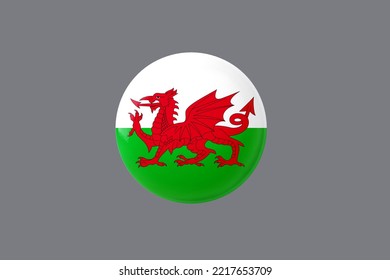 Wales Flag 3d Illustration Round Glossy Flag Button With Ash Color Background