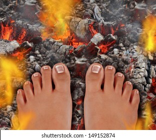 Walk On Fire As A Life And Culture Concept Of The Power Of Faith And Mind Over Matter As A Rite Of Passage Ritual And Ancient Tradition Walking Over Hot Burning Coals With Fire Flames And Smoke.