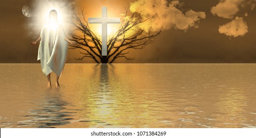 Walk On Water. Jesus And Shining Cross. 3D Rendering