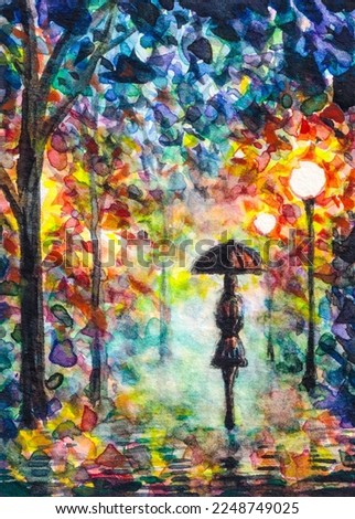 Walk in the park under an umbrella. Rainy day. Watercolor painting, impressionism style. Acrylic drawing art. A piece of art.
