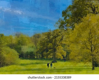 Walkers in the countryside digital ink pen and oil painting for wall art and canvas prints