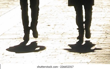 Walkers. Silhouetted Legs With Shadow, Abstract Digital Pen Sketch, Based On Photo.