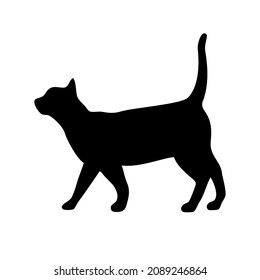 Walking Domestic Cat Black Silhouette Illustration. Black Pet Cat From Side Silhouette Icon Isolated On A White Background