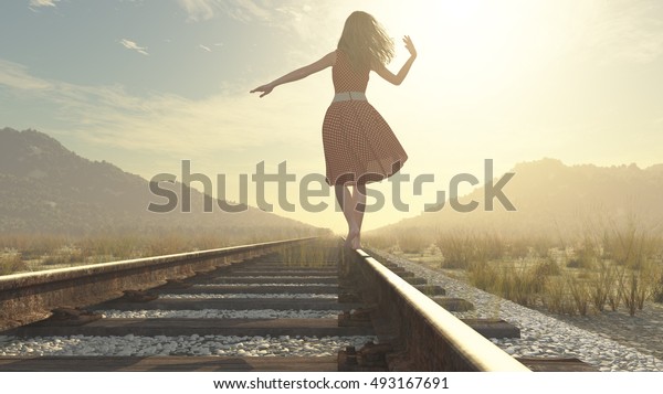 青い空の下の鉄道の上で歩く女の子 これは3dレンダリングイラストです のイラスト素材