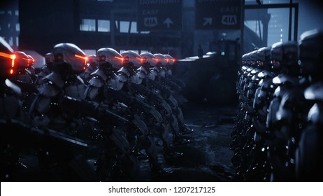 walking military robots. invasion of military robots. Dramatic apocalypse super realistic concept. Future. 3d rendering.
