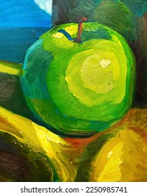 Wall art  Drawn green apple  Modern painting  Still life and an apple 