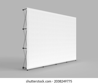 Wall Banner Cloth Exhibition Trade Stand, Photo realistic 3d render visualization of exhibition wall. White cloth skin isolated on grey background for mockups