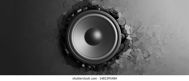Wall breaks from sound with loudspeaker. 3d illustration