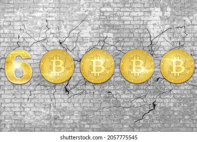 Wall Of Bricks With Bitcoin At 60000 Dollars On White 3D Background. Crypto-currency And Store Of Value. Bitcoin Crypto-currency New Record At 60000 Dollars Breaking Resistance. Bitcoin All-time-high.