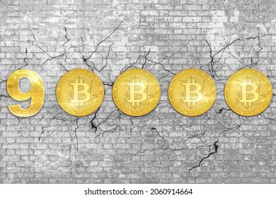 Wall Of Bricks With Bitcoin At 90000 Dollars On White 3D Background. Crypto-currency And Store Of Value. Bitcoin Crypto-currency New Record At 90000 Dollars Breaking Resistance. Bitcoin All-time-high.