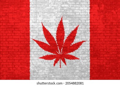 Wall Of Bricks Painted The Canada Flag With Marijuana Leaf. Cannabis Legalization. Concept Of Social Divisions, And Political Conflicts For Cannabis Legalization In Canada. 3D Background.