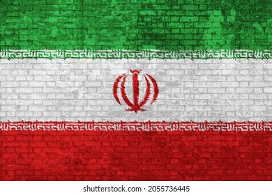 wall of bricks painted with the Iranian flag isolated background. Islamic Republic of Iran flag 3D illustration. Concept of social barriers of immigration, divisions, and political conflicts in Iran.