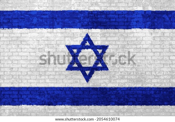 wall of bricks painted\
with the national Israel flag in 3d illustration background.\
Concept of social barriers of immigration, divisions, and political\
conflicts in\
Israel.