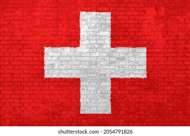 Wall Of Bricks Painted With The National Switzerland Flag In 3D Background. Concept Of Social Barriers Of Immigration, Divisions, And Political Conflicts In Switzerland.