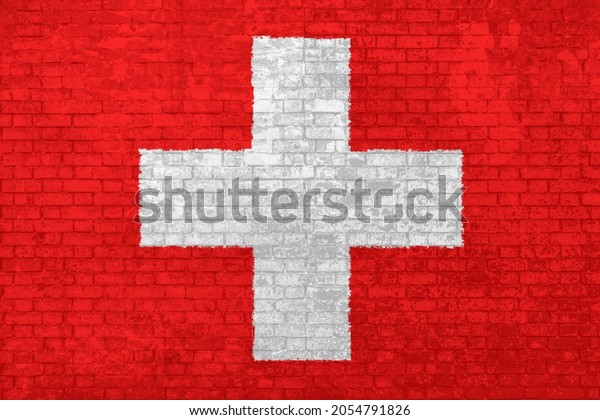 Wall of bricks\
painted with the national Switzerland flag in 3D background.\
Concept of social barriers of immigration, divisions, and political\
conflicts in\
Switzerland.
