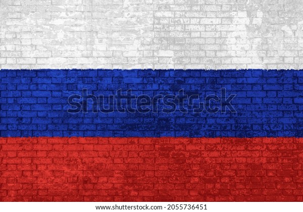 Wall of\
bricks painted with the of Russia Flag, white, blue and red in 3D\
background. Concept of social barriers of immigration, divisions,\
and political conflicts in\
Russia.
