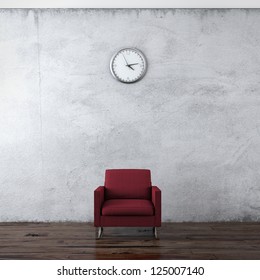 A Wall Clock And Red Chair Isolated On A White Background