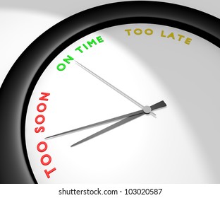 A wall clock says 'too soon' symbolizes impatience, anxiety... Other pics of the same set: 'on time' and 'too late'. Computer generated image.