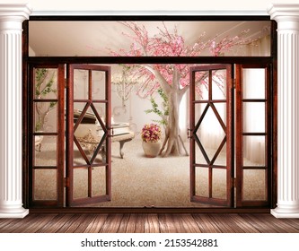 A Wall With Columns And A Large Window And Door. The Entrance To The Room. Photo Wallpapers. The Mural Is Digital.