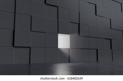 A wall of cubes. One cube is missing. A light is pouring from the hole. 3D rendering
