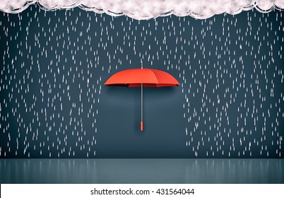 wall and the drawing dark clouds  rain   one umbrella  concept protection   security (3d render)