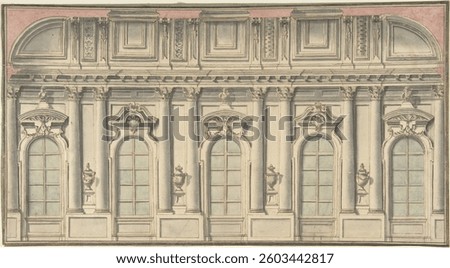 Wall Elevation and Interior, Anonymous, Italian, Bolognese 18th century artist. Vintage artwork, art illustration. Vintage architecture watercolor illustration.