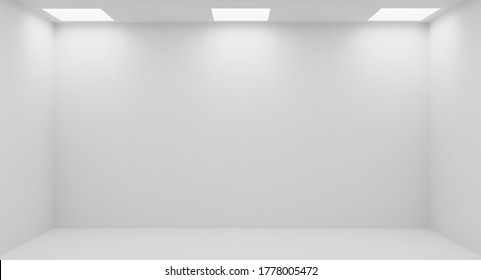 Wall of empty white room with white wall, floor and ceiling with square embedded ceiling lamps and hidden ceiling lights and empty space. Abstract architecture white room interior, 3d illustration
