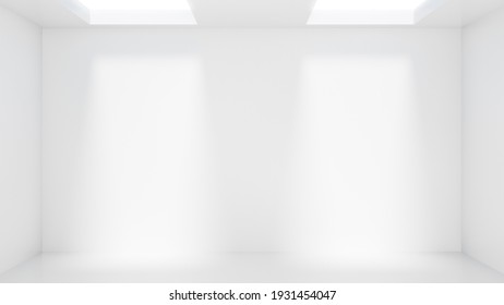 Wall of empty white room with white walls, with windows on a ceiling. Abstract architecture white room interior. 3D render