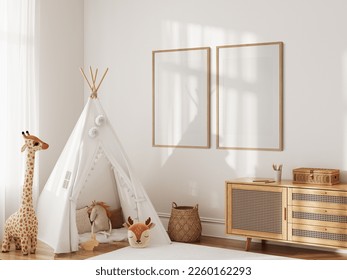 Wall  Frame mockup in the children's room. Nursery Interior. Boho, scandinavian, eco style. 3d rendering, 3d illustration