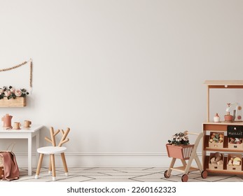 Wall  Frame mockup in the children's room. Nursery Interior. Boho, scandinavian, eco style. 3d rendering, 3d illustration