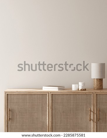 Wall mock up in beige simple interior with wooden furniture, Scandi-Boho style, 3d render