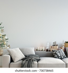 Wall Mock Up Christmas Interior. Scandinavian Style. Wall Art. 3d Rendering, 3d Illustration