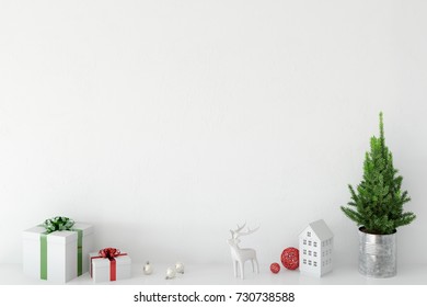 Wall Mock Up Christmas Interior. Scandinavian Style. Wall Art. 3d Rendering, 3d Illustration